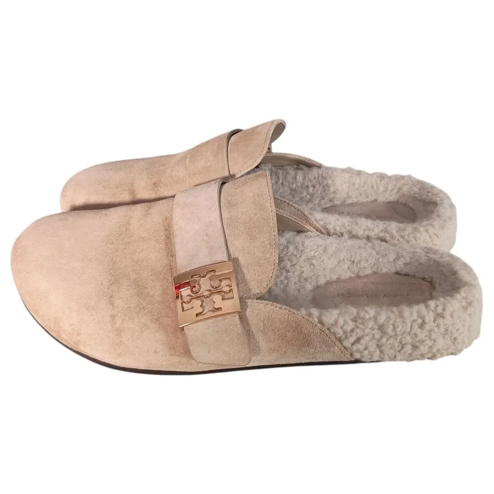 Tory Burch Mellow Mule Slipper Flat Womens 9 Beige Suede Faux Shearling Lined